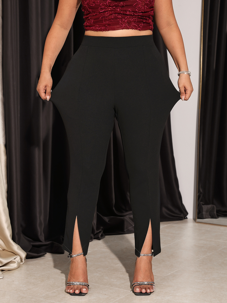 Firerie Plus Size Women Solid Color High Waist Split Design Slim Fit Long Pants Cocktail Going Out Party Night Black Autumn Elegant Party Pants - Black - View 13