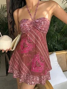 Sunnyshic Women's Halter Neck Sleeveless Vintage Summer Mini Dress - Pink - View 6
