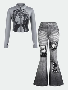 SHEIN 青少年女孩時尚返校長袖夾克套裝 秋冬童裝 - 黑與白 - 查看 2