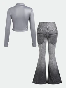 SHEIN 青少年女孩時尚返校長袖夾克套裝 秋冬童裝 - 黑與白 - 查看 3