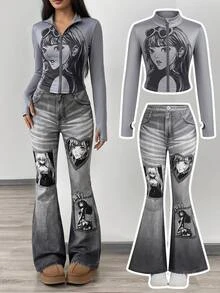 SHEIN 青少年女孩時尚返校長袖夾克套裝 秋冬童裝 - 黑與白 - 查看 1