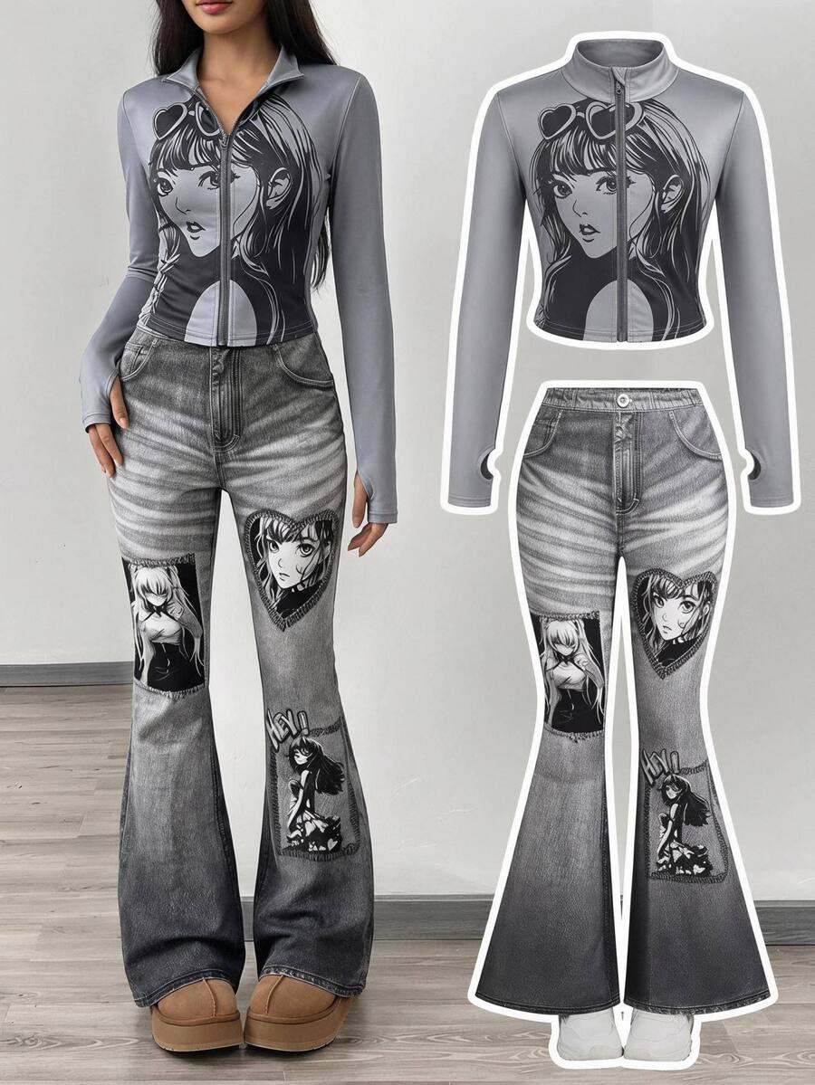 SHEIN 青少年女孩時尚返校長袖夾克套裝 秋冬童裝 - 黑與白 - 查看 1