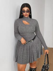 Maweii Women Plus Size Casual Dark Grey Elastic Brushed Ribbed Knit Fabric Stand Collar Hollow Chest Design Ruched Waist A-Line Skirt Plus Size Ribbed Dress Plus Size Casual Outfit Versatile Inner Layer Dress Party Gathering Romantic Date Versatile Long Sleeve Short Knit Dress - Grey - View 6