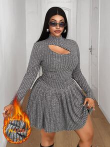 Maweii Women Plus Size Casual Dark Grey Elastic Brushed Ribbed Knit Fabric Stand Collar Hollow Chest Design Ruched Waist A-Line Skirt Plus Size Ribbed Dress Plus Size Casual Outfit Versatile Inner Layer Dress Party Gathering Romantic Date Versatile Long Sleeve Short Knit Dress - Grey - View 2