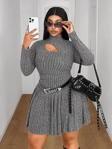 Maweii Women Plus Size Casual Dark Grey Elastic Brushed Ribbed Knit Fabric Stand Collar Hollow Chest Design Ruched Waist A-Line Skirt Plus Size Ribbed Dress Plus Size Casual Outfit Versatile Inner Layer Dress Party Gathering Romantic Date Versatile Long Sleeve Short Knit Dress - Grey - View 4