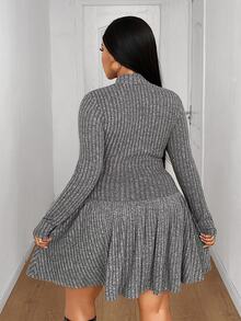 Maweii Women Plus Size Casual Dark Grey Elastic Brushed Ribbed Knit Fabric Stand Collar Hollow Chest Design Ruched Waist A-Line Skirt Plus Size Ribbed Dress Plus Size Casual Outfit Versatile Inner Layer Dress Party Gathering Romantic Date Versatile Long Sleeve Short Knit Dress - Grey - View 7