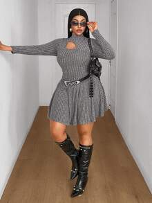 Maweii Women Plus Size Casual Dark Grey Elastic Brushed Ribbed Knit Fabric Stand Collar Hollow Chest Design Ruched Waist A-Line Skirt Plus Size Ribbed Dress Plus Size Casual Outfit Versatile Inner Layer Dress Party Gathering Romantic Date Versatile Long Sleeve Short Knit Dress - Grey - View 3