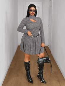 Maweii Women Plus Size Casual Dark Grey Elastic Brushed Ribbed Knit Fabric Stand Collar Hollow Chest Design Ruched Waist A-Line Skirt Plus Size Ribbed Dress Plus Size Casual Outfit Versatile Inner Layer Dress Party Gathering Romantic Date Versatile Long Sleeve Short Knit Dress - Grey - View 5