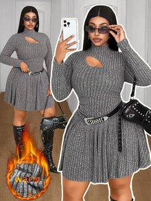 Maweii Women Plus Size Casual Dark Grey Elastic Brushed Ribbed Knit Fabric Stand Collar Hollow Chest Design Ruched Waist A-Line Skirt Plus Size Ribbed Dress Plus Size Casual Outfit Versatile Inner Layer Dress Party Gathering Romantic Date Versatile Long Sleeve Short Knit Dress - Grey - View 1