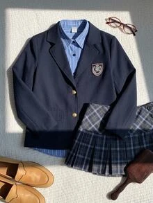 SHEIN Tween Girl Tween Girl Solid Color Blu,Black To School,Jacket,Winter Birthday Christmas Halloween Tween Girl Autumn Casual Versatile Clothes Kids - Navy Blue - View 1