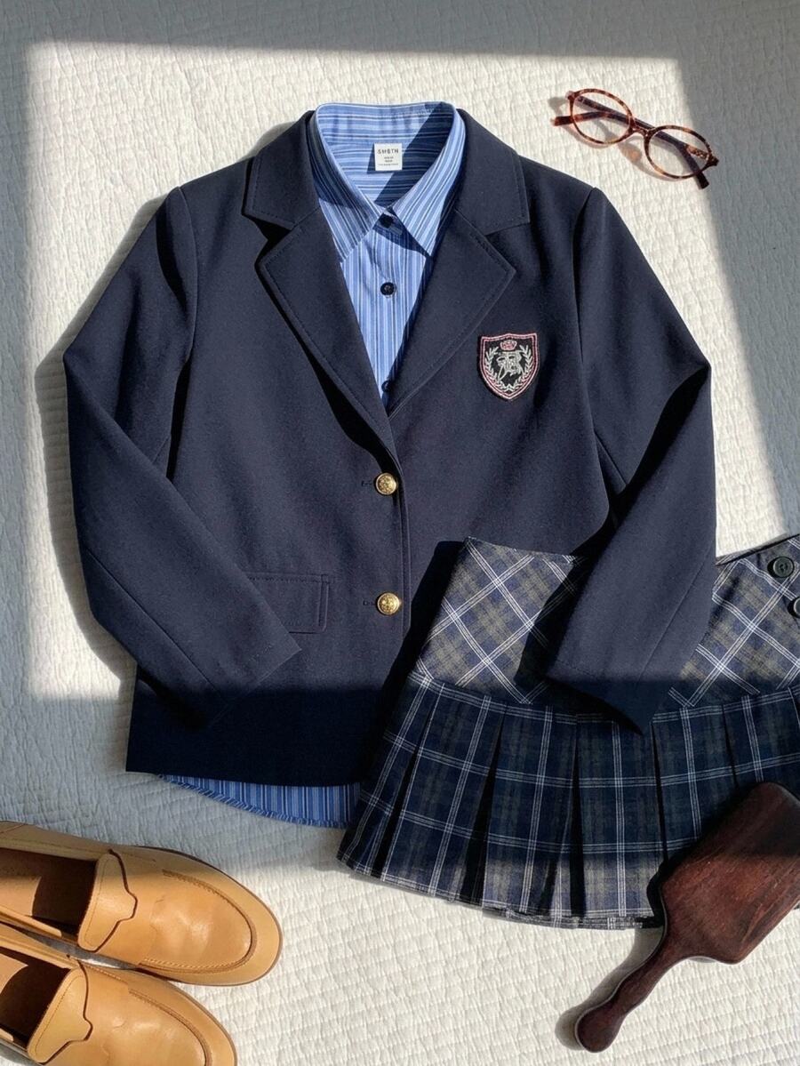 SHEIN Tween Girl Tween Girl Solid Color Blu,Black To School,Jacket,Winter Birthday Christmas Halloween Tween Girl Autumn Casual Versatile Clothes Kids - Navy Blue - View 1