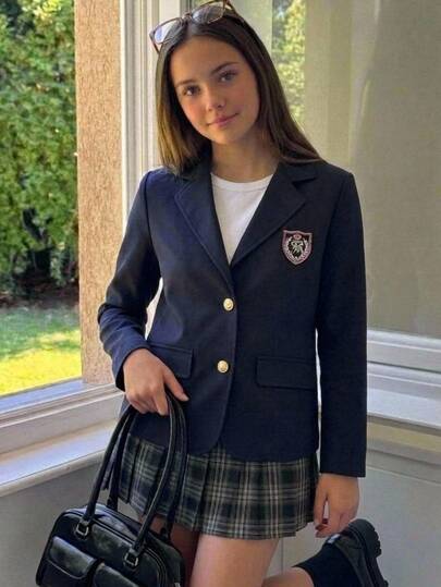 SHEIN Tween Girl Tween Girl Solid Color Blu,Black To School,Jacket,Winter Birthday Christmas Halloween Tween Girl Autumn Casual Versatile Clothes