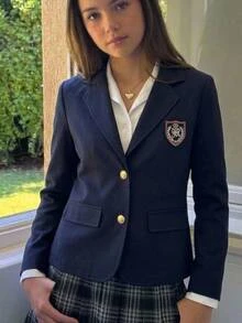 SHEIN Tween Girl Tween Girl Solid Color Blu,Black To School,Jacket,Winter Birthday Christmas Halloween Tween Girl Autumn Casual Versatile Clothes Kids - Navy Blue - View 5