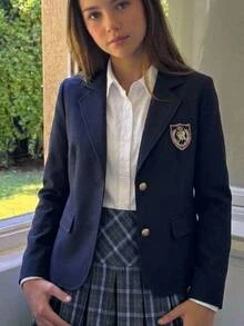 SHEIN Tween Girl Tween Girl Solid Color Blu,Black To School,Jacket,Winter Birthday Christmas Halloween Tween Girl Autumn Casual Versatile Clothes Kids - Navy Blue - View 4