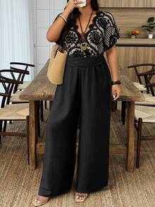 Weeklong Plus Size Women's Spring/Summer Lace Patchwork Nude Color Jumpsuit With Waist Cinching, Casual Vacation Wear Elegant - Black - View 4