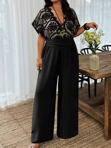 Weeklong Plus Size Women's Spring/Summer Lace Patchwork Nude Color Jumpsuit With Waist Cinching, Casual Vacation Wear Elegant - Black - View 3