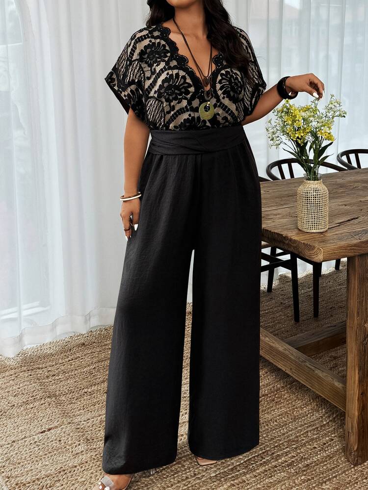 Weeklong Plus Size Women's Spring/Summer Lace Patchwork Nude Color Jumpsuit With Waist Cinching, Casual Vacation Wear Elegant - Black - View 3