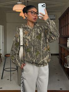 Muchica Casual Minimalist Street Style Faux Washed Effect Tree Branch Camouflage Full Print Pattern Thin Hooded Sweatshirt, Suitable For Autumn/Winter And Spring/Summer, Sporty Style - Multicolor - View 4