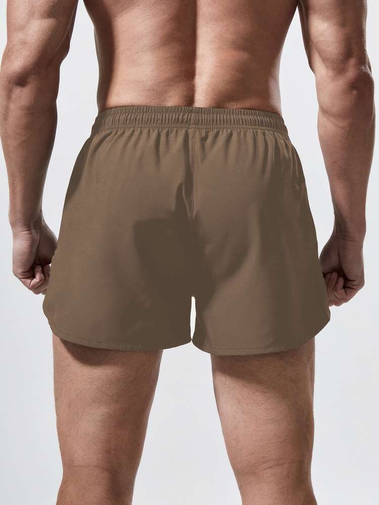 Coreblaze Men's Letter Print Drawstring Waist Sports Shorts, Gym - Khaki - View 2