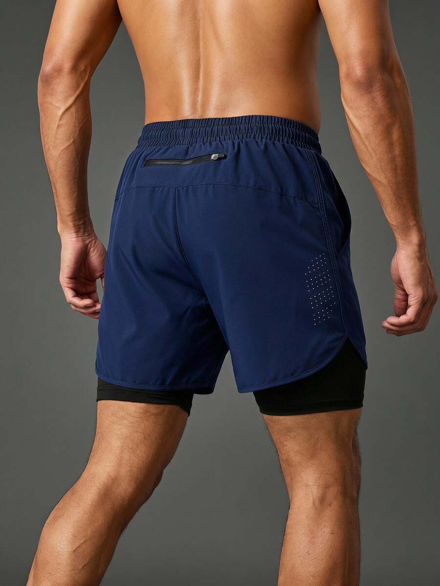 Coreblaze Manfinity Fitness Men Drawstring Waist 2 In 1 Sports Stretchy Shorts With Phone Pocket,Gym Basketball Boyfriend Style Lightweight Training Shorts - Navy Blue - View 1
