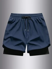 Coreblaze Manfinity Fitness Men Drawstring Waist 2 In 1 Sports Stretchy Shorts With Phone Pocket,Gym Basketball Boyfriend Style Lightweight Training Shorts - Navy Blue - View 2