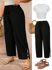 Breezaya Halloween Plus Size Casual Textured Solid Color Pants Fall Cloth For Women - Black - View 1