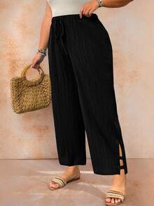 Breezaya Halloween Plus Size Casual Textured Solid Color Pants Fall Cloth For Women - Black - View 2