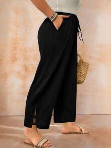 Breezaya Halloween Plus Size Casual Textured Solid Color Pants Fall Cloth For Women - Black - View 5