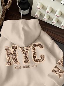 SHEIN EZwear 休闲简约豹纹纽约英文图案卫衣，杏色，适合秋冬季穿着 - 彩色 - 查看 6