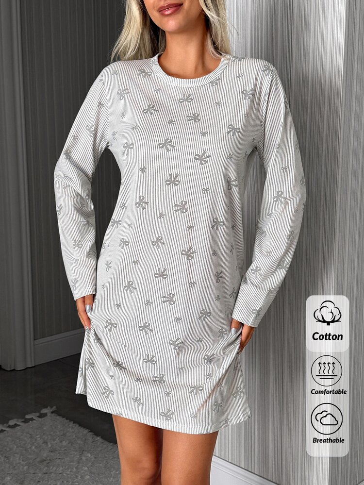 SHEIN Women PLUS White With Heart Pattern Round Neck Long Sleeve Sleep Dress Nightgown Summer Elegant - Grey - View 6
