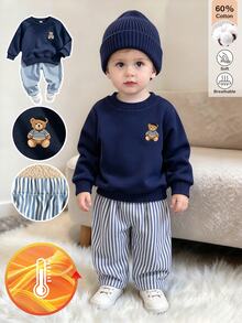 Souflis French Style New Baby Boy 0-3 Years 2pcs Navy Blue Cotton Sweatshirt Set, Crew Neck Sweatshirt With Bear Pattern And Striped Long Pants, Suitable For Outings, School And Multiple Occasions - Multicolor - View 3