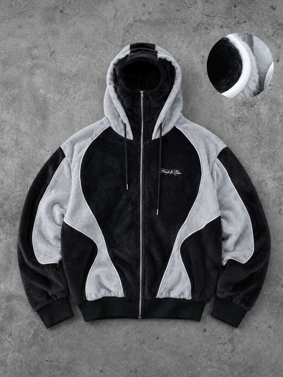 ROMWE MEN Street Life Fabric Patchwork Double Layer Hooded Loose Sweatshirt Streetwear Vintage - Black - View 1