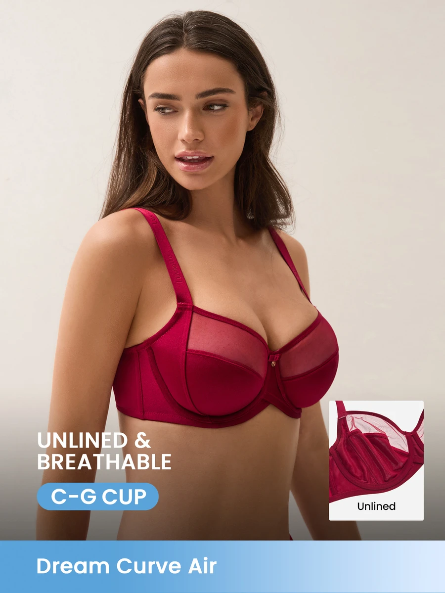 LUVLETTE Unlined Full Coverage Side Support Christmas Red Mesh Sheer Basic Breezy Comfort Minimizer Women Lingerie Intimates Bra - Red - View 1