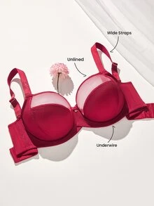 LUVLETTE Unlined Full Coverage Side Support Christmas Red  Mesh Sheer Basic Breezy Comfort Minimizer Women Lingerie Intimates Bra - Red - View 7