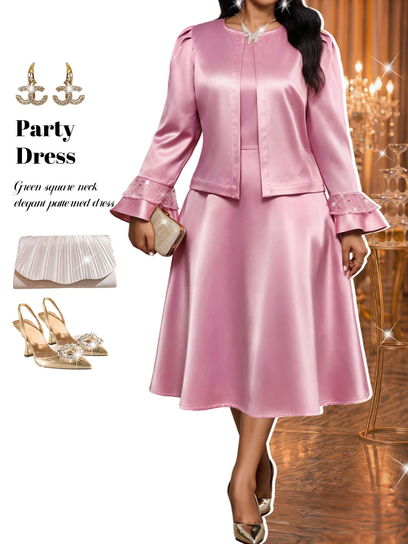 Fleurora Plus Size Satin Elegant Dress With Sequin Bell Sleeve Jacket 2 Pieces Set - Dusty Pink - View 1