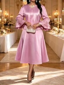Fleurora Plus Size Satin Elegant Dress With Sequin Bell Sleeve Jacket 2 Pieces Set - Dusty Pink - View 4