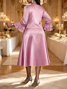 Fleurora Plus Size Satin Elegant Dress With Sequin Bell Sleeve Jacket 2 Pieces Set - Dusty Pink - View 2