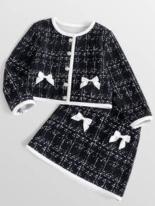 Maija Kids Maija Kids 女童格紋單排扣蝴蝶結裝飾夾克與裙子可愛套裝 - 黑色 - 查看 4