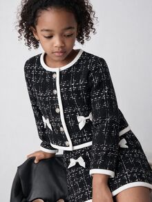 Maija Kids Maija Kids 女童格紋單排扣蝴蝶結裝飾夾克與裙子可愛套裝 - 黑色 - 查看 3