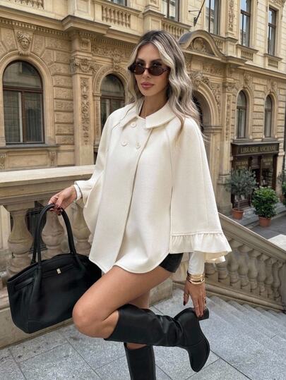 Serisse Women's Elegant Double Breasted Ruffle Hem Cape Coat, Lapel Collar Poncho Cloak Outerwear,Elegant Wool Cape Coat For Fall Winter