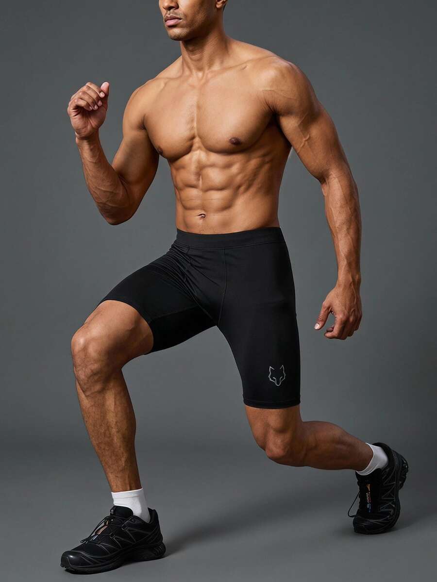 Coreblaze Men's Wolf Head Print Elastic Waist Casual Sports Base Layer Shorts, Gym - Black - View 1