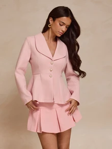 SHEIN LUNE 溫柔優雅純色收腰荷葉邊秋冬長袖極簡大衣 - 粉色 - 查看 8