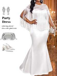 Fleurora Plus Size Women's Elegant Dress With Contrast Lace, Tassel Design And Mermaid Hem - White - View 5