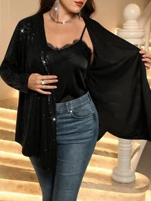 Miaspire Women's Plus Size Black Sequin Cardigan Elegant Jacket Fall - Black - View 8