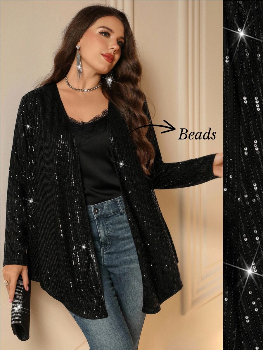 Miaspire Women's Plus Size Black Sequin Cardigan Elegant Jacket Fall - Black - View 1