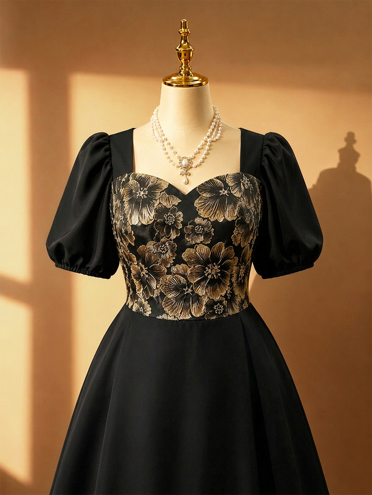 Rometta Plus Size Women Vintage Romantic Elegant Party Banquet Square Neck Short Sleeve Summer Black Dress, Suitable For Dating, Party, Formal Occasions, Summer Dress, Romantic Dress, Women Dress - Black - View 8