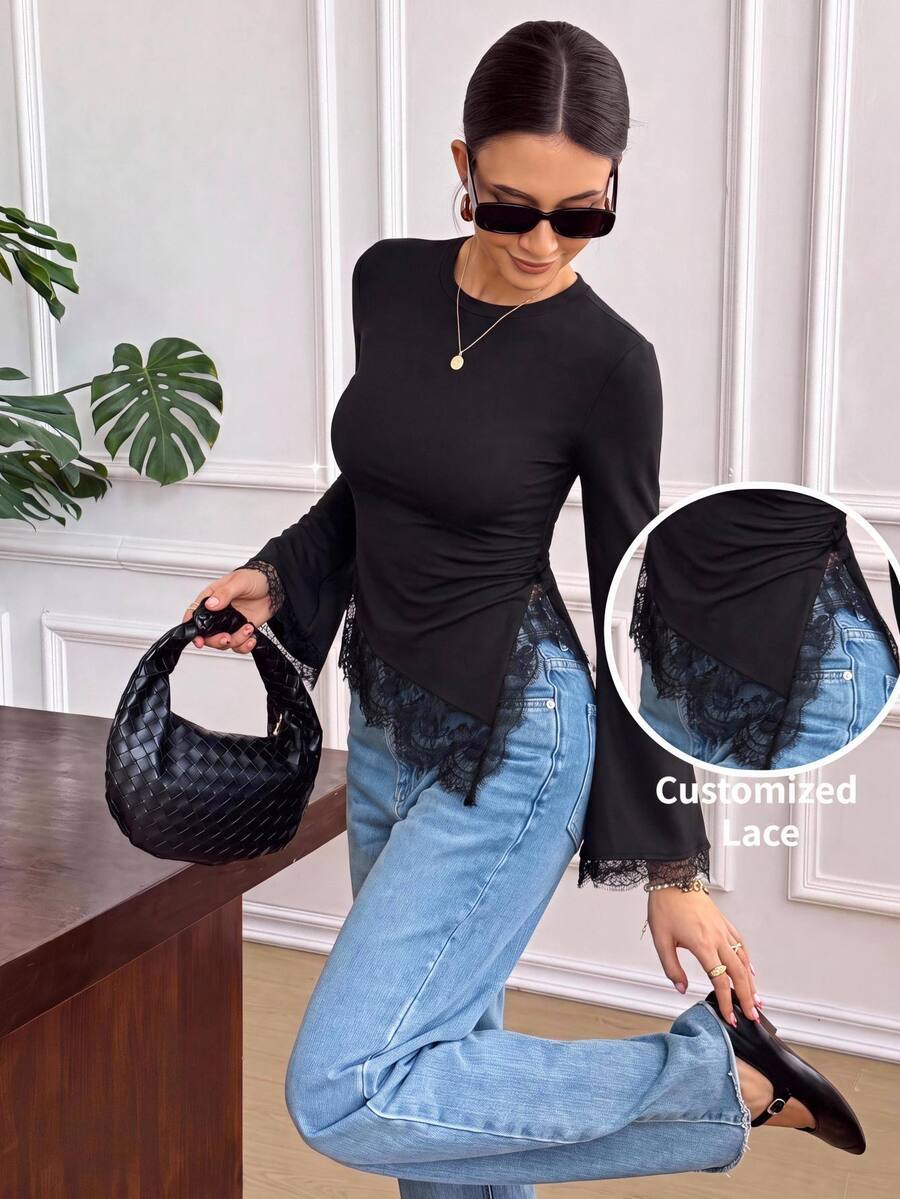 Serisse Women's Solid Color Round Neck Contrast Lace Side Slit Hem Casual T-Shirt - Black - View 1