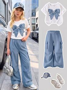 SHEIN 2pcs/Set Tween Girls Summer Casual T-Shirt, Bow Embroidery Design Round Neck Short Sleeve And Cargo Pants,Fall Clothes Back To School Clothes Girls - Multicolor - View 4