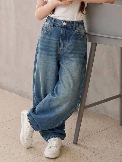 SHEIN Girl's Casual Loose Straight Leg Jeans,Vintage Y2K Style Washed Denim Pants,Back-To-School,School,Streetwear,Autumn,Light Blue,Comfortable Daily Wear