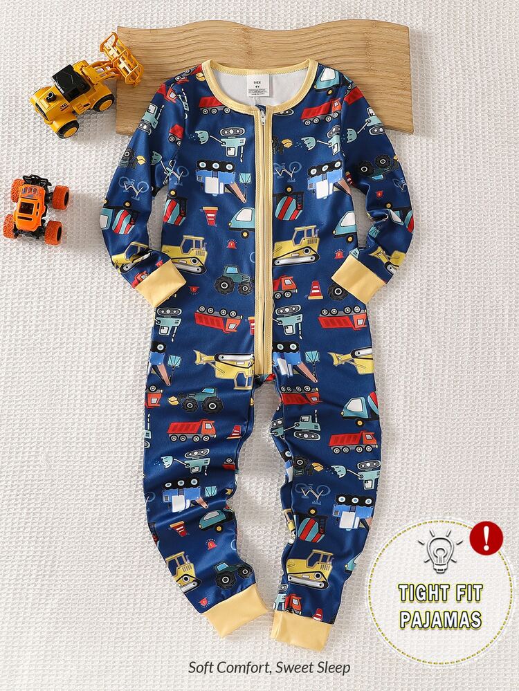 SHEIN Snug Fit Pajama Boys' Slim Long Sleeve Pants Cartoon Car Excavator Bulldozer Bicycle Patterns Print Fabric Home Wear Autumn Birthday Blue Baby Western - Navy Blue - View 5